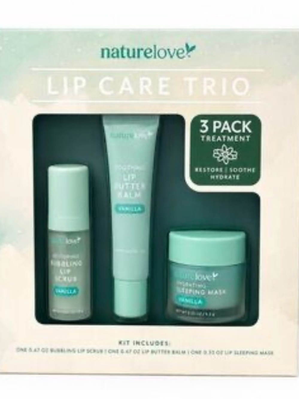 Nature Love Lip Care Trio - Mint Green Lip Balm, Scrub & Sleeping Mask